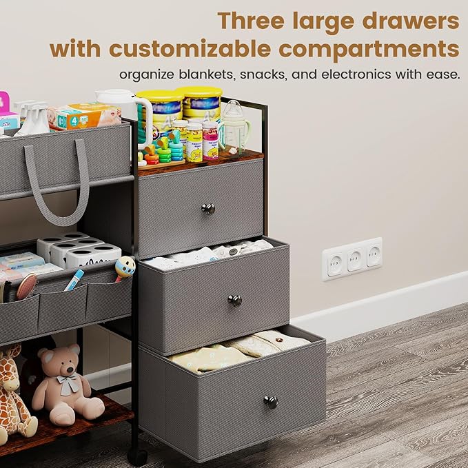 3-Tier Baby Diaper Caddy Organizer and Storage Cart, Baby Essentials with 2+2 Dividers and 3 Drawers, Large Capacity Rolling Cart for Nursery Storage, Diaper Caddy Cart for Crib, Bedroom, Bathroom