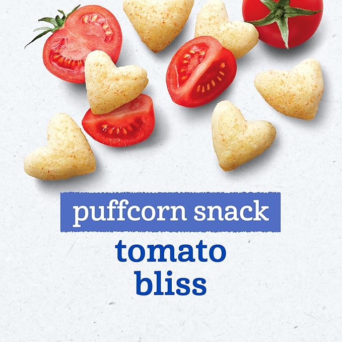 Gerber Toddler Snacks, Snacks for Kids, Kernel Free, Heart Shaped Puffcorn Snack, Tomato Bliss Flavor, Zinc and Iron Helps Support Immune System, 7-Pack
