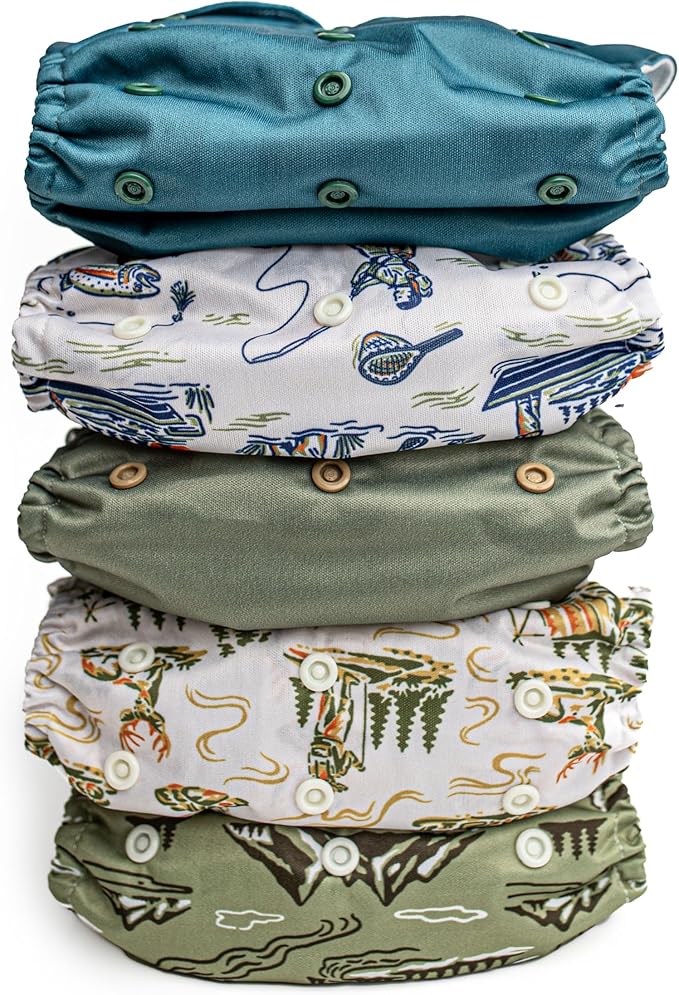 Kinder Cloth Diapers Reusable Baby Diapers Pocket Style Athletic Wicking Jersey, Bamboo Viscose Inserts, Wet Bag, Newborn to Potty Training 7-60lbs, One Size (Great Outdoors, 5 Pack, with Inserts)