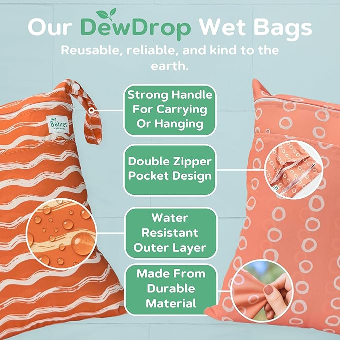 2-Pack Wet Bags – Waterproof Travel Bags for Cloth Diapers, Baby Essentials & Swimwear – Reusable Wet Dry Bag with Double Zipper & Handle for Diaper Bag & Beach Trips (Dotted Drift)
