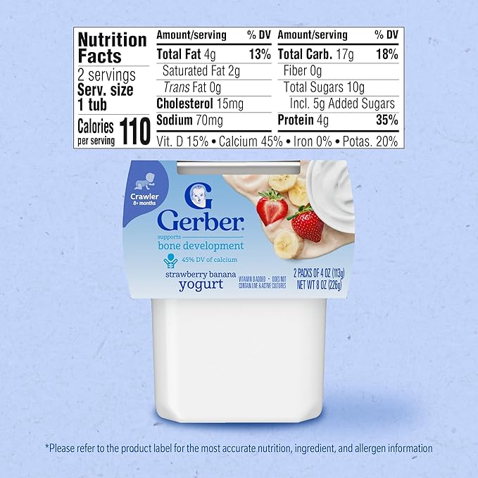 Gerber Stage 3 Baby Food, Strawberry Banana Yogurt Puree Tubs, Baby Puree, 2 Count 4oz (Pack of 8)