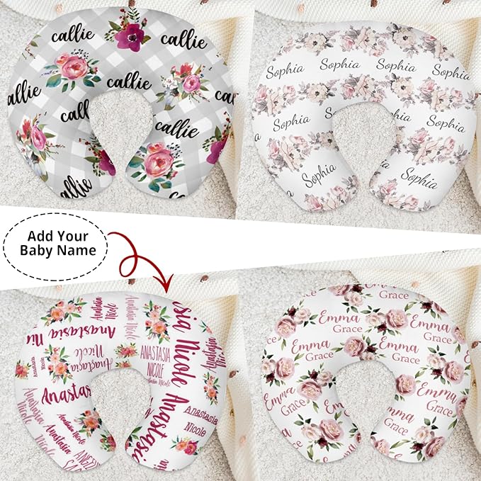 Customizable Flowers Baby Nursing Pillow Cover - Add Your Baby's Name, Ultra-Soft Stretch Fabric, Fits Standard Nursing Pillows, Ideal for Baby Showers Style 12