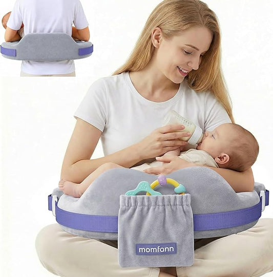 MOMFANN Nursing Pillow for Breastfeeding, 60D Firm Memory Foam, Ergonomic Lumbar Support & Safety Fence, Wider Cushion for Back Pain Relief, Adjustable Strap, Removable Machine Washable Cover -Gray