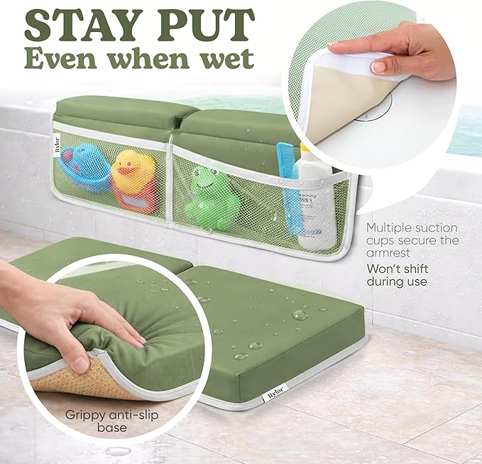 Rylor Premium Baby Bath Kneeler Mat & Elbow Rest Pad Set – Comfortable Bath Kneeler and Elbow Kneeling Rest Pad for Parents, Extra Long 26'', 2.4'' Thick, Non-Slip Support for Easy Bath Time (Green)