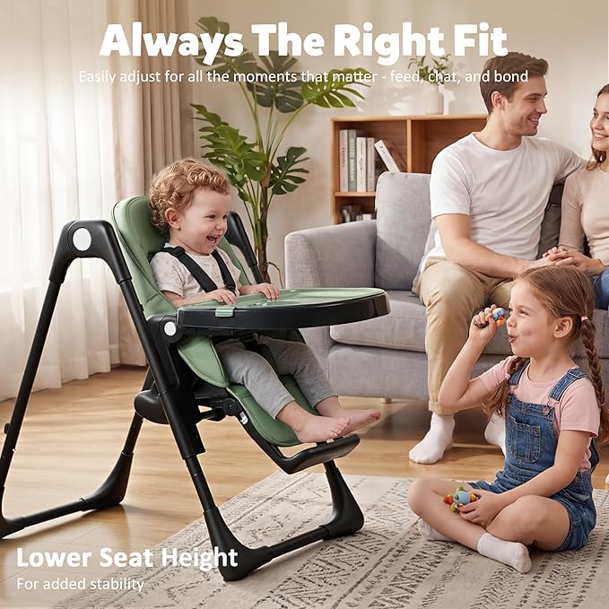 TODEFULL 3 in 1 Foldable Baby High Chair, Infant High Chairs for Babies and Toddlers, 6 Height & 5 Recline Adjustable Toddler Feeding Chair, 2 Tray Depth & 3 Footrest Angles, 2 Built-in Wheels, Green
