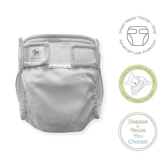 Amazing Baby Hybrid Cloth Diaper Cover with Pocket-Sling, Med, Sz 3 (12-25 lbs), Use Boosties Inserts, Gray, SmartNappy Set includes Swim Cover + Tri-fold Insert + Booster Pad