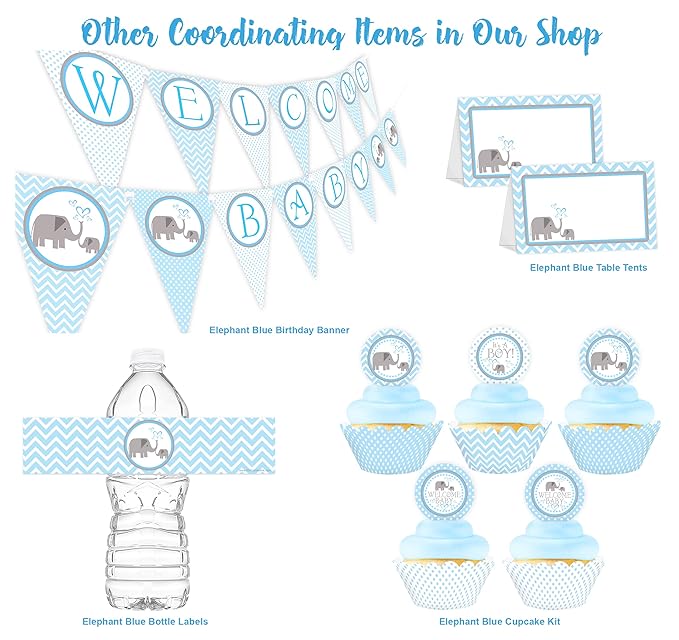 Little Elephant Blue Bottle Wraps - Set of 20 - Baby Shower Water Bottle Labels - Baby Shower Decorations - Made in The USA - Blue