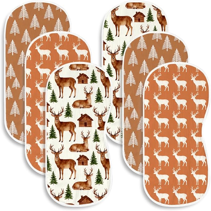 6-Pack Muslin Crinkle Burp Cloths for Newborn, 100% Cotton Absorbent Burping Rags, Gentle Large Textured Washcloths with Forest Adventure & Stag Prints, Little One Essentials Gift Set