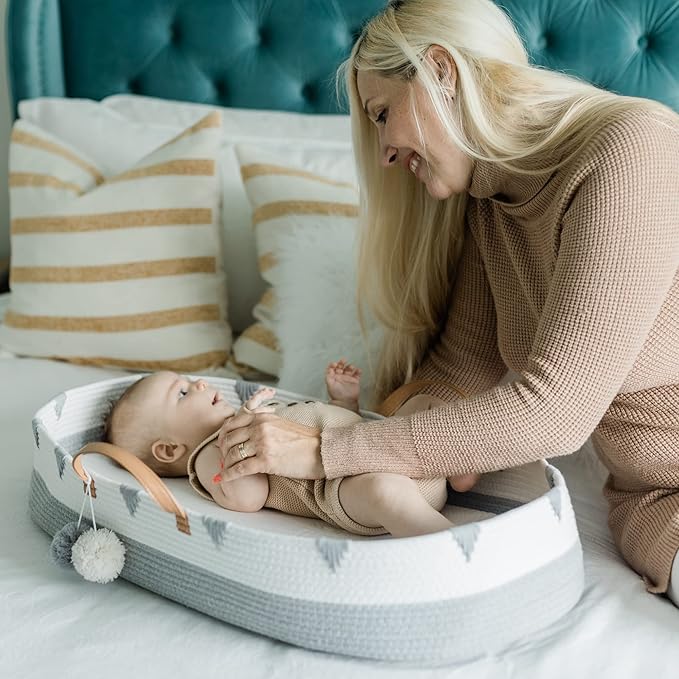 Vesta Baby Woven Cotton Rope Moses Changing Basket - Portable Infant Nursery Dresser Table Topper with Soft Foam Pad & 2 Washable Bamboo Waterproof Covers for Easy Diaper Change - Boho Gray & Beige