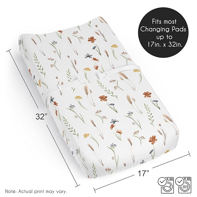 Sweet Jojo Designs Boho Floral Garden Flower Girl Baby Changing Pad Cover Sheet Infant Newborn Diaper Table Change Mat Cover - Watercolor Bohemian Farmhouse Wildflower Vintage Shabby Chic Green Nature