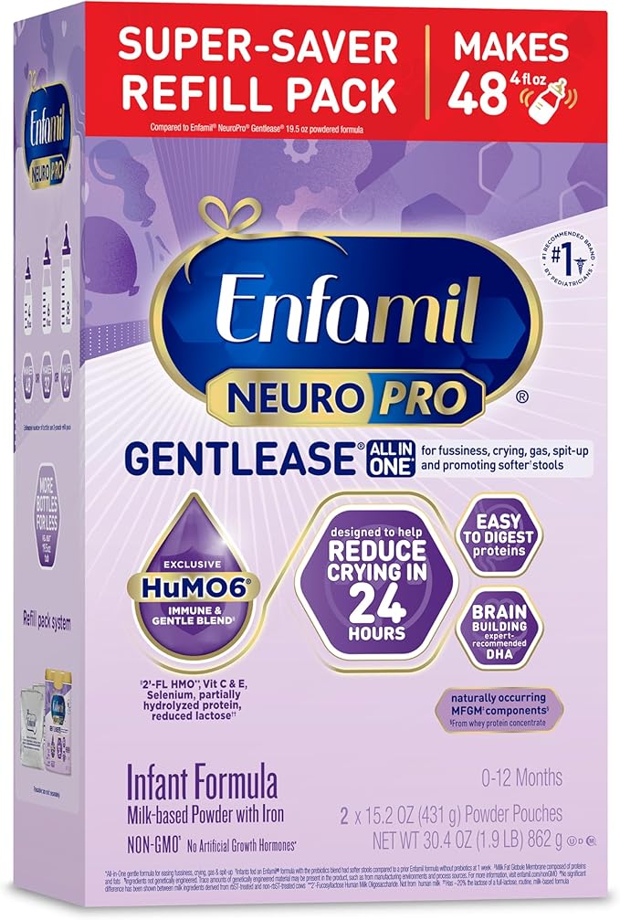Enfamil NeuroPro Gentlease for easing Fussiness, Crying, Gas, Spit-up in 24 Hrs, Smaller Proteins for Easy Digestion, Brain Supporting DHA, Prebiotic Blend, HuMO6*, Baby Formula, Powder Refill Box, 30.4 Oz