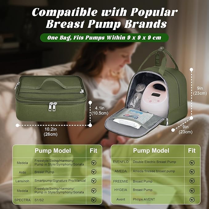 Breast Pump Bag with Insulated Cooler, Double-Layer Pumping Bag for Work & Travel, Fits Most Electric Breast Pumps, Includes 10 Ice Packs & Waterproof Mat, Detachable Bottle Cooler Tote, Green