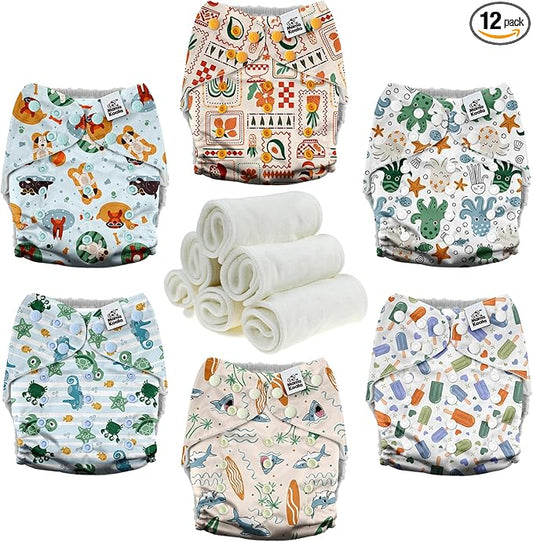 Mama Koala 3.0 Cloth Diapers for Babies with AWJ Lining, 6 Pack with 6 Natural Cloth Diaper Inserts - Reusable and Washable Pocket Diapers (in the Sea)