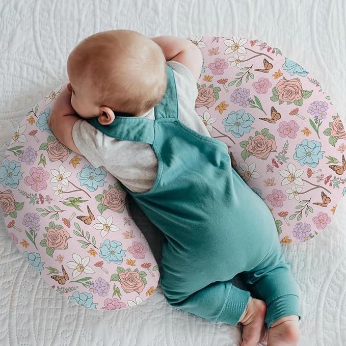 Vintage Wildflowers Baby Nursing Pillow Covers for Boy Girl Pink Floral Leaves Mushroom Butterflies Nursery Pillowcase for Breastfeeding Pillows Spring Garden Soft Stretchy Slipcovers for Newborn