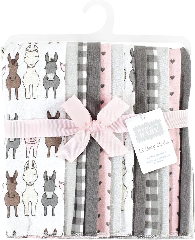 Hudson Baby Unisex Baby Cotton Flannel Burp Cloths Bundle, Farm Friends Pink, One Size
