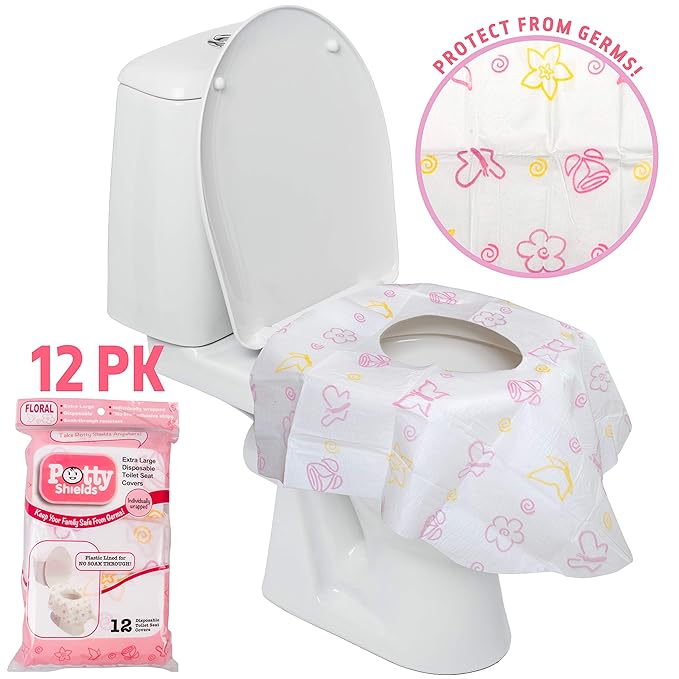 Potty Shields Toilet Seat Covers Disposable (12 Pack, Floral) - XL Waterproof Toilet Cover for Toddlers, Kids & Adults - Portable & Individually Wrapped for Travel, Potty Training & Public Restrooms