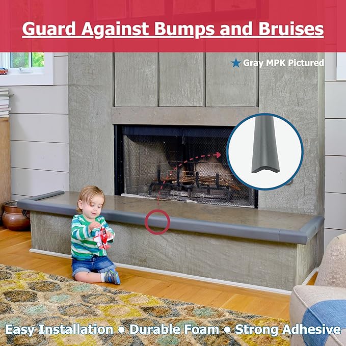 Cardinal Gates MPK Medium Hearth Pad Kit - Fireplace Baby Proofing - Adhesive Backed Fireplace Bumpers for Babies - 10 Feet of Padding with 1 Straight Piece & 2 Corners - Made in The USA - Gray