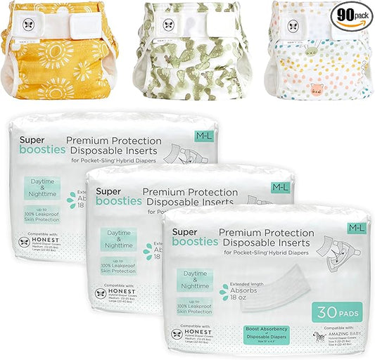 Super Boosties 90ct + Honest Hybrid Cloth Diaper Cover with Pocket-Sling, Medium (12-25 lbs), Stops Nighttime Leaks, Boosties Disposable Diaper Inserts, Honest Cotton Muslin Covers, 3 Pack