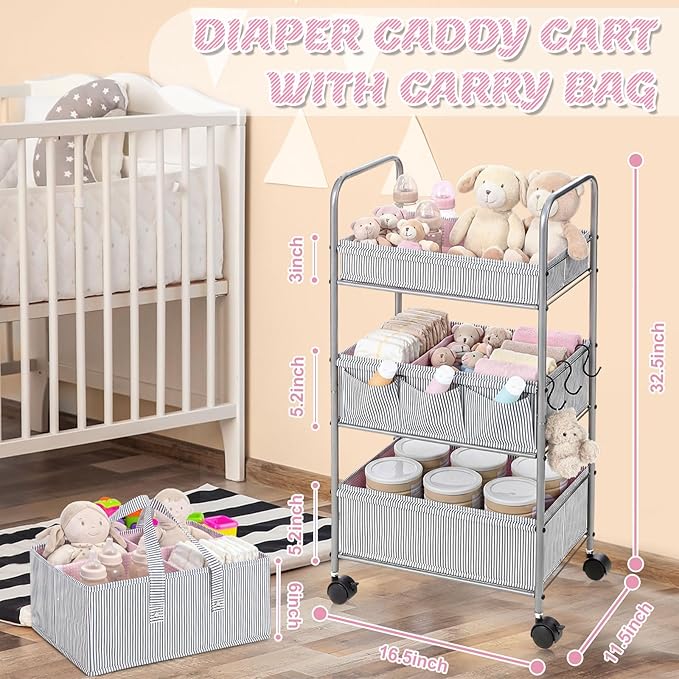 WILLBOND 2 in 1 Baby Diaper Caddy Organizer Cart, 3 Tier Large Stripe Bedside Rolling Cart Metal for Baby Essential with Divider for Newborn Registry Must Have Nursery Bedroom Mother Gift(Pink)