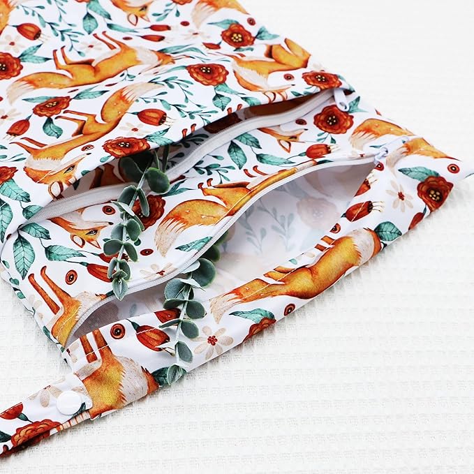 2pcs Cloth Diaper Wet Dry Bags Waterproof Reusable with Two Zippered Pockets Travel Beach Pool Daycare Soiled Baby Items Yoga Gym Bag for Swimsuits or Wet Clothes (FOX)