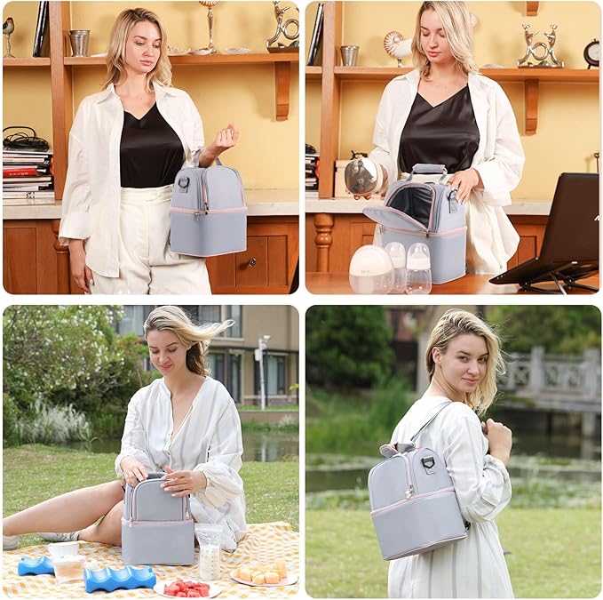 NCVI Breastmilk Cooler Bag with 2 Ice Pack, Breast Pump Bag with Cooler Fits 6 Bottles, Double Layer Breast Milk Baby Bottle Cooler Bag, for Travel, Nursing Mom Daycare, Work, Picnic (Grey)