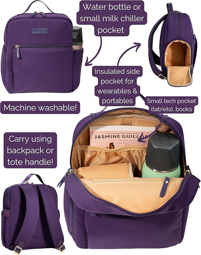 Sarah Wells Fifi Mini Breast Pump Bag Small 13" Neoprene Backpack for Wearable & Portable Pumps Lightweight, Insulated Pocket, 13" Laptop Sleeve, Machine-Washable (Purple)