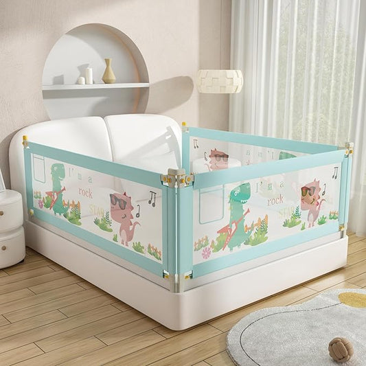 Bed Rail for Toddlers Twin, Full, Queen, King & Cal kingMattress Size | Swing Down Rail Guard | Mattress Side Rail for Kids (Blue Dinosaur, (3 Sides for Twin Size) 75x75x39 Inch)