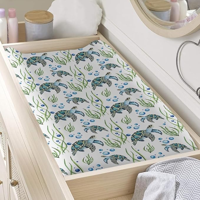 GOSTONG 32"x16" Diaper Changing Table Cover with Sea Turtles Pattern Baby Stretchy Changing Table Mat Cover Protectors with Elastic Bands