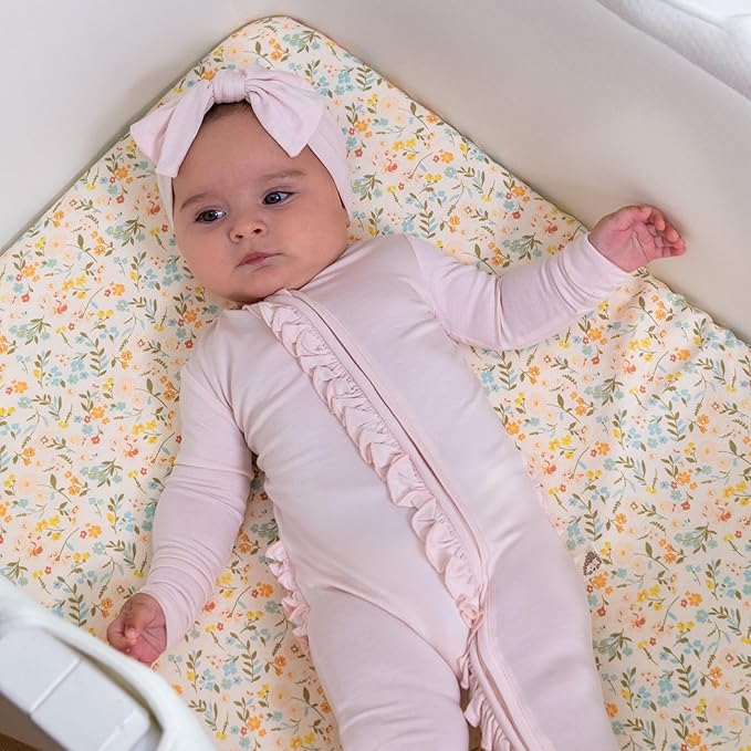 Baby Bassinet Sheets Girls, Cotton Bassinet Sheets Rectangle, 2 pc Bassinet Mattress Sheets, 32"x16" Compatible with Baby Delight Beside Me Dreamer Bassinet, Bedside Bassinet Sheet (Floral + Pink)