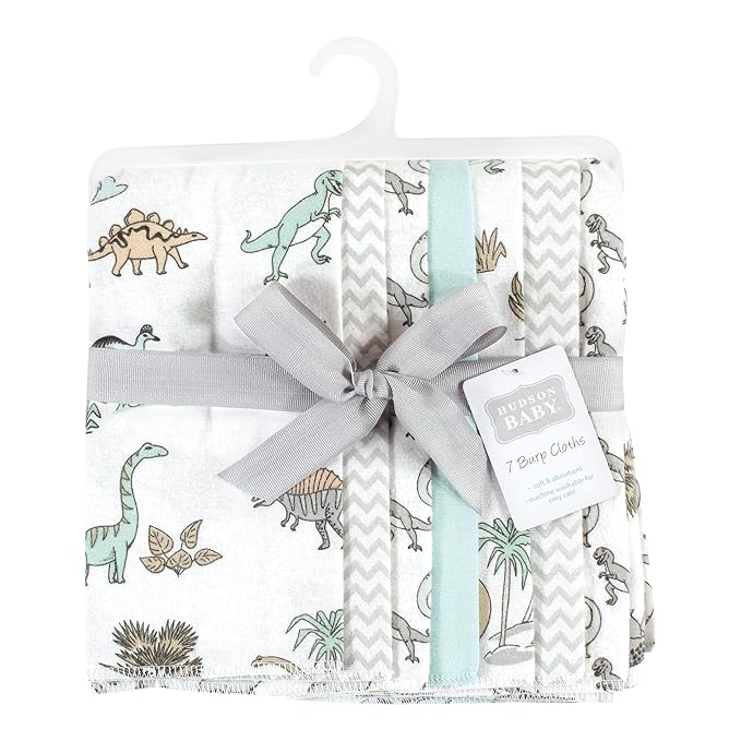 Hudson Baby Unisex Baby Cotton Flannel Burp Cloths 7-Pack, Neutral Dino World, One Size