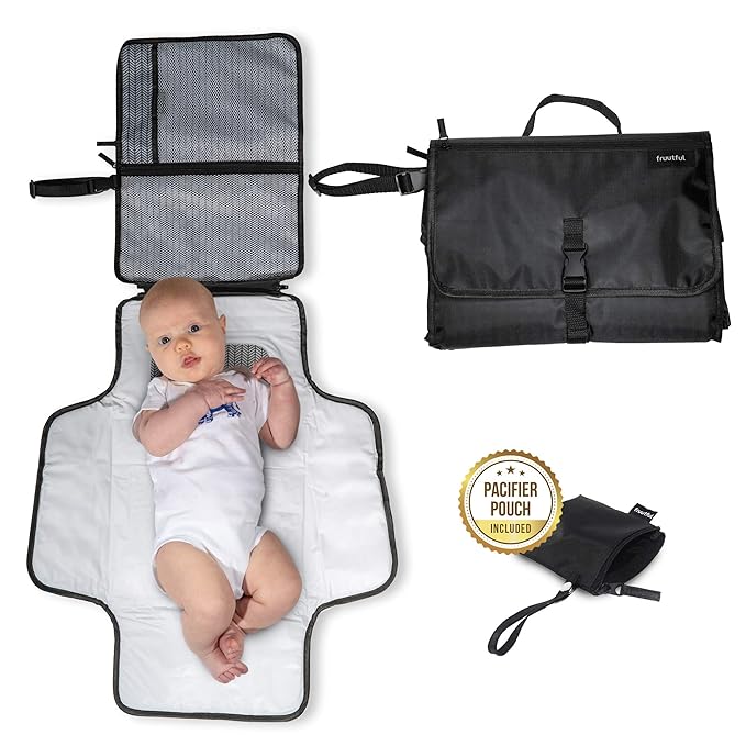 Diaper Changing Pad, Cushioned Mat with Built-in Pillow, Black with Pockets, Waterproof Travel Mat, Bonus Pacifier Pouch
