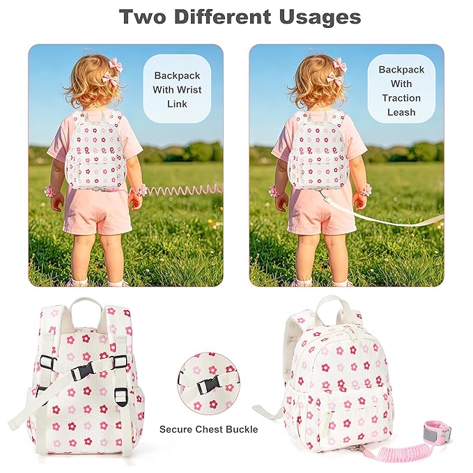 Corduroy Toddler Backpack with Detachable Leash and Anti-Lost Wrist Link, Safety Harness Walking Backpack for Toddler Boys Girls 1-3, Cute Floral Travel Backpack with Leash for Kids