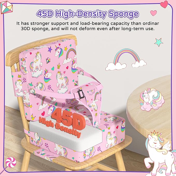Booster Seat for Kitchen Chair with Backrest & 4 Adjustable Straps, TPU Waterproof & Anti-Scratch Toddler Booster Seat for Dining Table, Removable & Non-Slip(Unicorn)