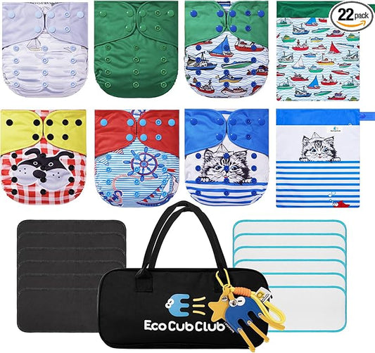Reusable Washable Cloth Diapers 6pcs for Baby Shower,Leak-Proof Double Gussets Fleece Lining,12 Soft Fleece Inserts & 2 Wet Bags,Packed in Durable Travel Handbag&Key Chain-B-08-F