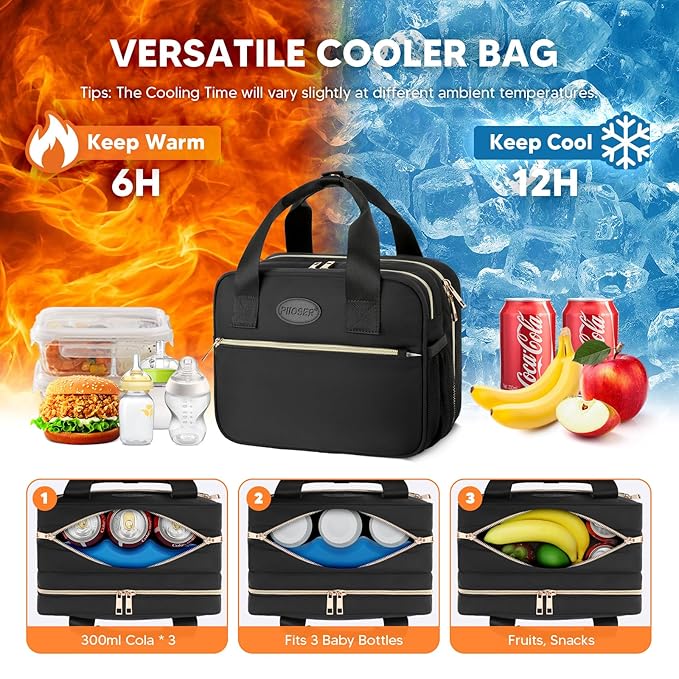 PIIOSER Breastmilk Cooler Travel Bag with Ice Pack, Compatible with Wearable Breast Pumps & Accessories - Portable Hands Free Breast Pump Carrying Case for Nursing & Working Moms, Black