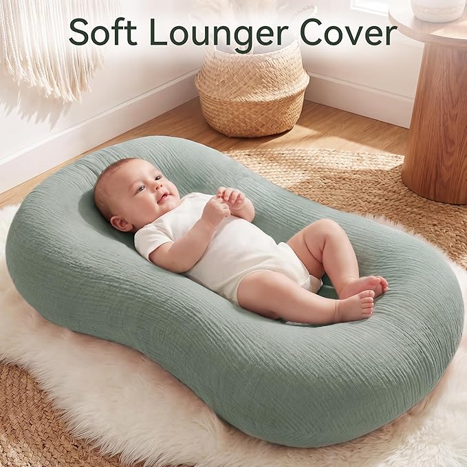 Muslin Baby Lounger Cover 1 Pack, Cotton Soft Breathable Infant Nest Slipcover, Envelope Closure, Compatible with Snuggle Me Loungers, Machine Washable, Cover Only, for Boys Girls(Green)