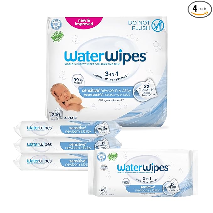 WaterWipes Sensitive+ Newborn & Baby Wipes, 3-In-1 Cleans, Cares, Protects, 99.9% Water, Unscented & Hypoallergenic, 240 Count (4 Packs)