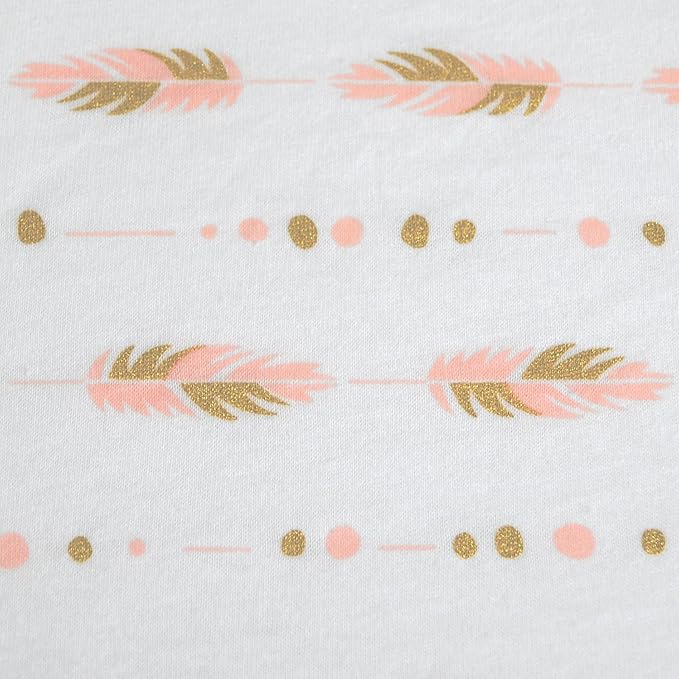 TL Care Printed 100% Cotton Knit Fitted Contoured Changing Table Pad Cover - Compatible with Mika Micky Bassinet, Sparkle Gold/Pink Feathers, for Girls