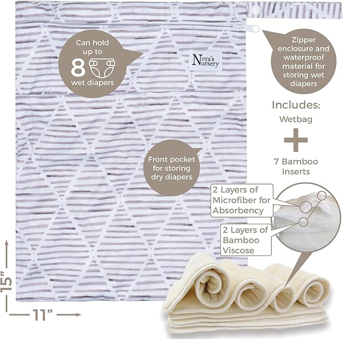 Nora's Nursery Cloth Diapers 7 Pack with 7 Inserts & 1 Wet Bag - Waterproof Cover, Washable, Reusable & One Size Adjustable Pocket Diapers for Newborns and Toddlers - Out to Sea