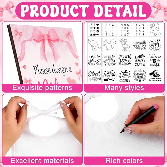 FIONUPI 55 Pcs Baby Bibs Decorating Kit Includes 1 Wooden Pink Bow Baby Shower Game Sign 22 DIY White Bibs 22 Bow Stencils 10 Colorful Markers Supplies for Shower Games