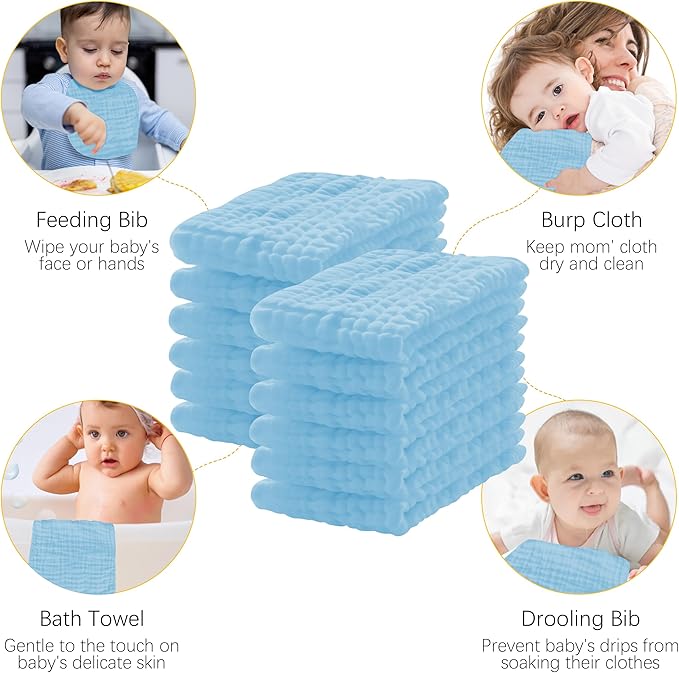 Lovely Care 12 Pack Muslin Burp Cloths 100% Cotton Muslin Cloths Large 20''x10'' Extra Soft and Absorbent Baby Burping Cloth - Aqua