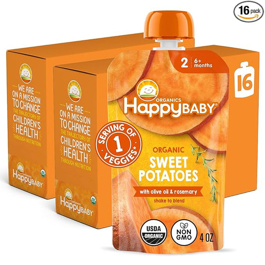 Happy Baby Organics Savory Blends Stage 2 Baby Food, Sweet Potatoes with Olive Oil + Rosemary, 4 Ounce Pouch (Pack of 16)