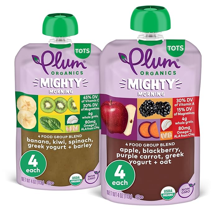 Variety Pack 8ct 4oz Pouch Mighty Morning Food Group Blend Tots - Apple, Blackberry, Purple, Carrot, Greek Yogurt, Oat + Banana, Kiwi, Spinach, Greek Yogurt, Barley