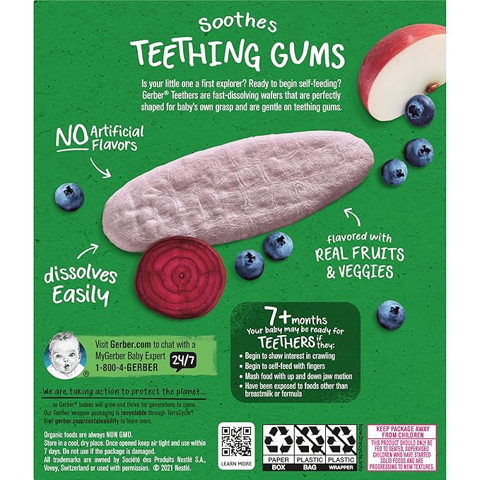 Gerber Snacks for Baby Teethers, Organic Gentle Teething Wafers, Blueberry Apple Beet, 1.7 Ounce, 12 Count Box (Pack of 2)