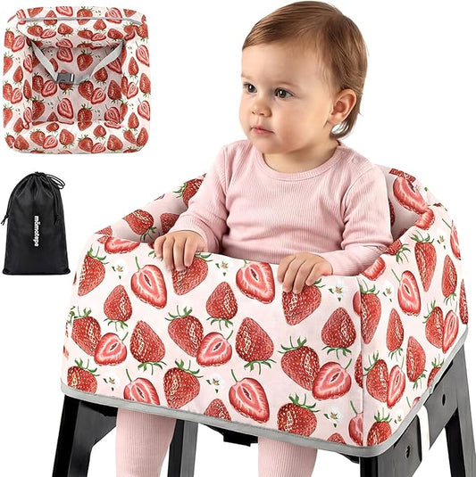 Mamatepe Baby High Chair Cover Restaurant with Strap Pads & 2-Point Harness - Machine Washable, Waterproof, Portable for Restaurant/Travel/Home - Fits High Chairs, Red Strawberry