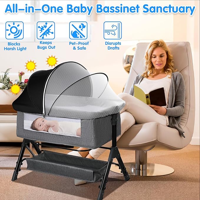 Bassinet Mosquito Net Cover - Half-Blackout Mosquito Net for Baby Crib & Bedside Sleeper, Breathable Crib net with 2-Way Zipper, Sun-Blocking Baby Mosquito Net Cover (Black-Small)