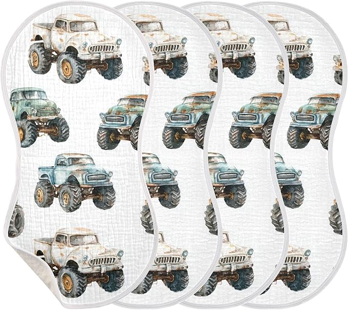 Vintage Monster Trucks Burp Cloths Baby Boys Girls Absorbent Soft Cotton Burping Cloths Rags 4 Pack