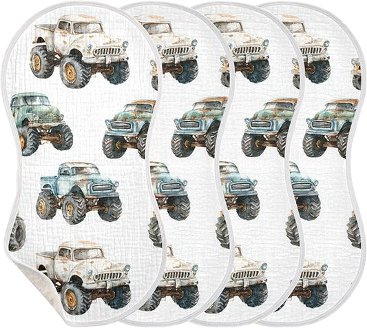 Vintage Monster Trucks Burp Cloths Baby Boys Girls Absorbent Soft Cotton Burping Cloths Rags 4 Pack
