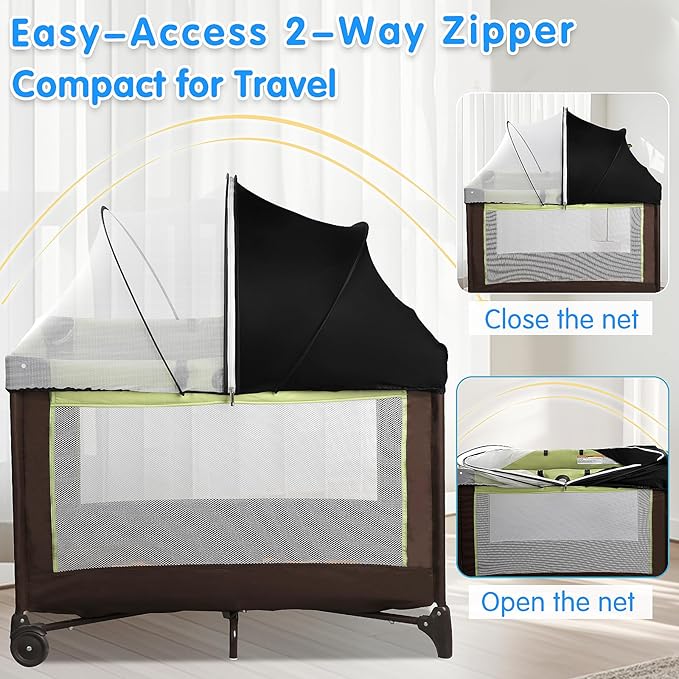Pack N Play Tent Cover - Half-Blackout Mosquito Net for Crib & Playpen, Baby Bassinet Cover for Cats with 2-Way Zipper, Sun-Blocking Bug Net for Travel Crib (Black-Large)
