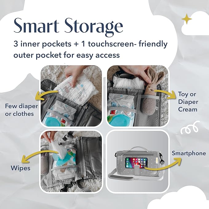 Portable Diaper Changing Mat, Fits Most Changing Tables, One-Hand Hook-and-Loop Fasteners, Front Touchscreen-Friendly Pocket, Grey